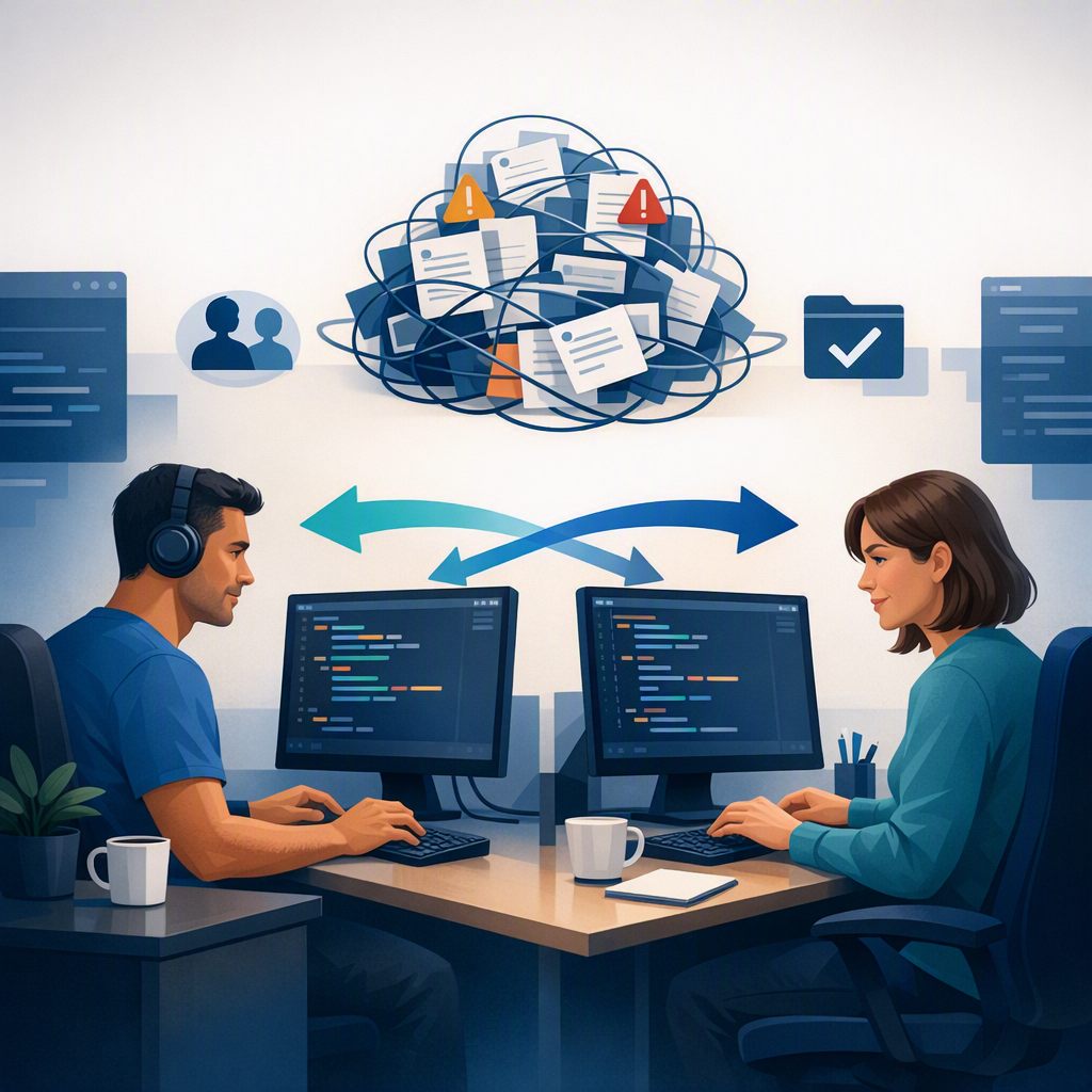 Desarrolladores colaborando en un proyecto de c&oacute;digo