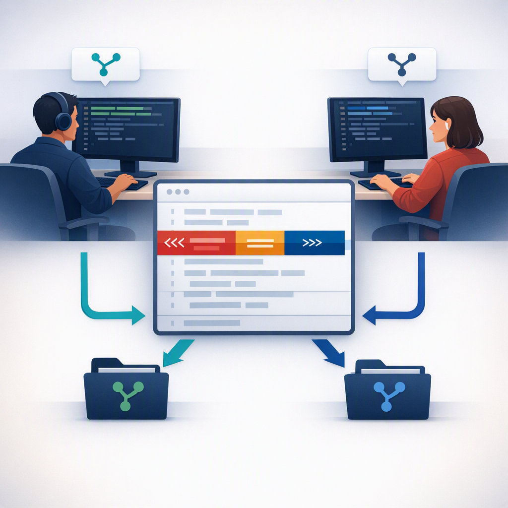 Desarrolladores trabajando en un conflicto de Git