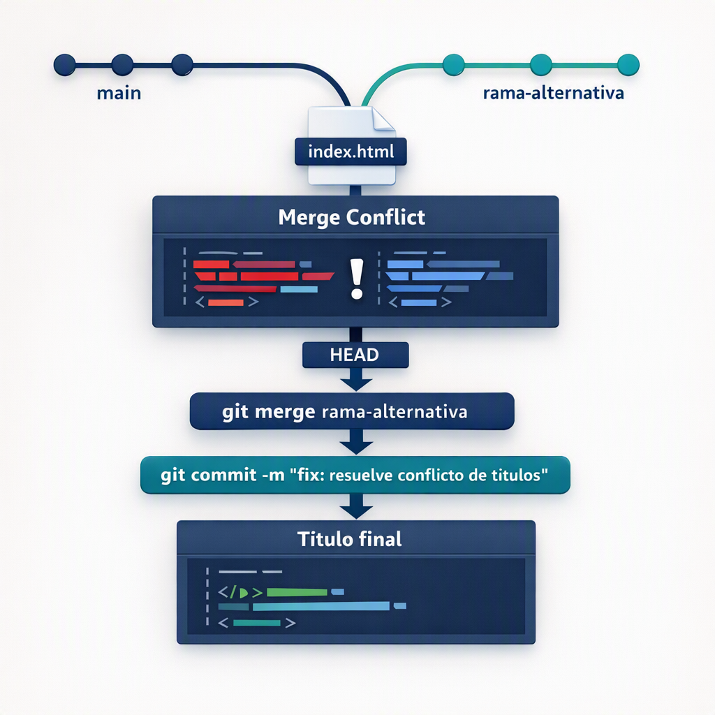 Diagrama del proceso de fusi&oacute;n de ramas en Git con conflicto