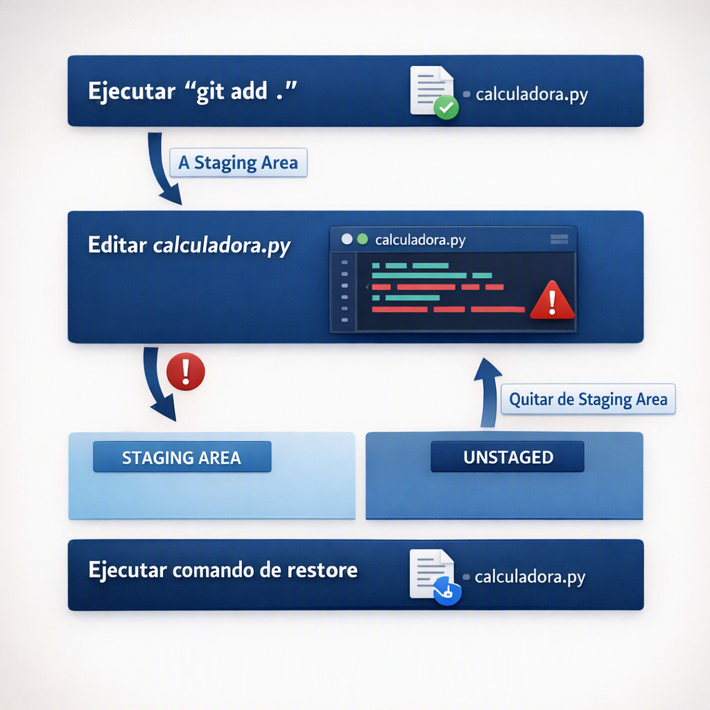 Diagrama del proceso de a&ntilde;adir y retirar archivos del Staging Area en Git.